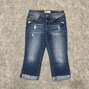 LEI Ashley Low Rise Women's Distressed Capri Jeans Size 9 Reg Blue Dark Denim